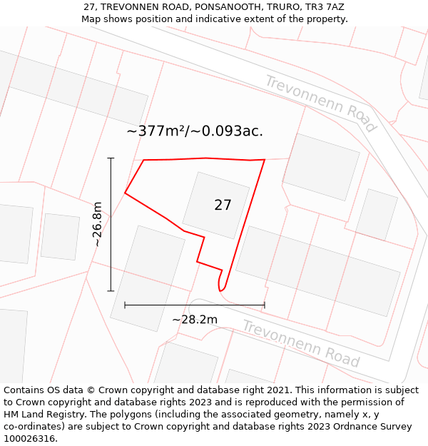 27, TREVONNEN ROAD, PONSANOOTH, TRURO, TR3 7AZ: Plot and title map