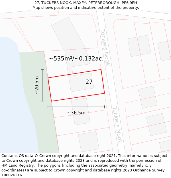 27, TUCKERS NOOK, MAXEY, PETERBOROUGH, PE6 9EH: Plot and title map