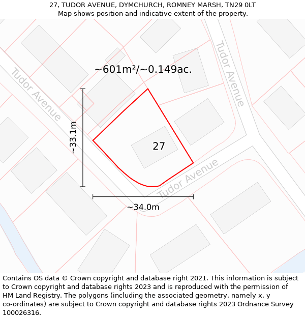 27, TUDOR AVENUE, DYMCHURCH, ROMNEY MARSH, TN29 0LT: Plot and title map