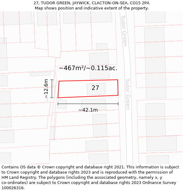 27, TUDOR GREEN, JAYWICK, CLACTON-ON-SEA, CO15 2PA: Plot and title map