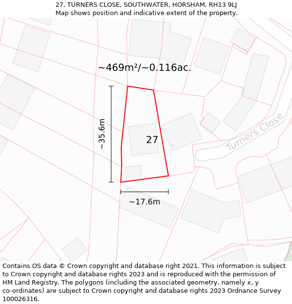 27, TURNERS CLOSE, SOUTHWATER, HORSHAM, RH13 9LJ: Plot and title map