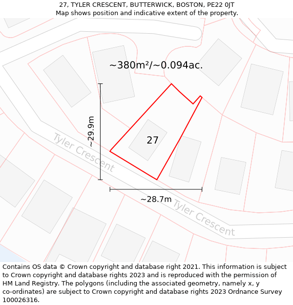 27, TYLER CRESCENT, BUTTERWICK, BOSTON, PE22 0JT: Plot and title map