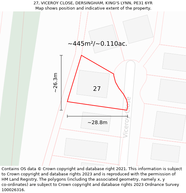 27, VICEROY CLOSE, DERSINGHAM, KING'S LYNN, PE31 6YR: Plot and title map