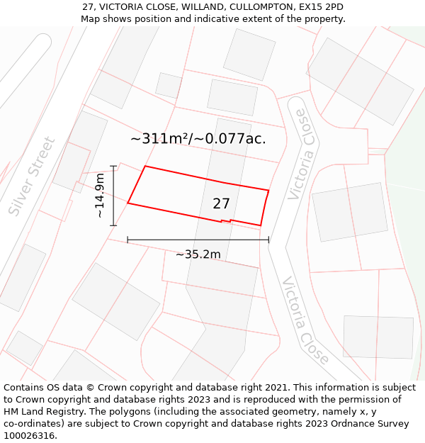 27, VICTORIA CLOSE, WILLAND, CULLOMPTON, EX15 2PD: Plot and title map