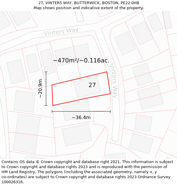 27, VINTERS WAY, BUTTERWICK, BOSTON, PE22 0HB: Plot and title map