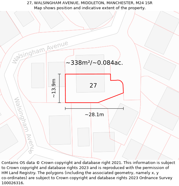 27, WALSINGHAM AVENUE, MIDDLETON, MANCHESTER, M24 1SR: Plot and title map