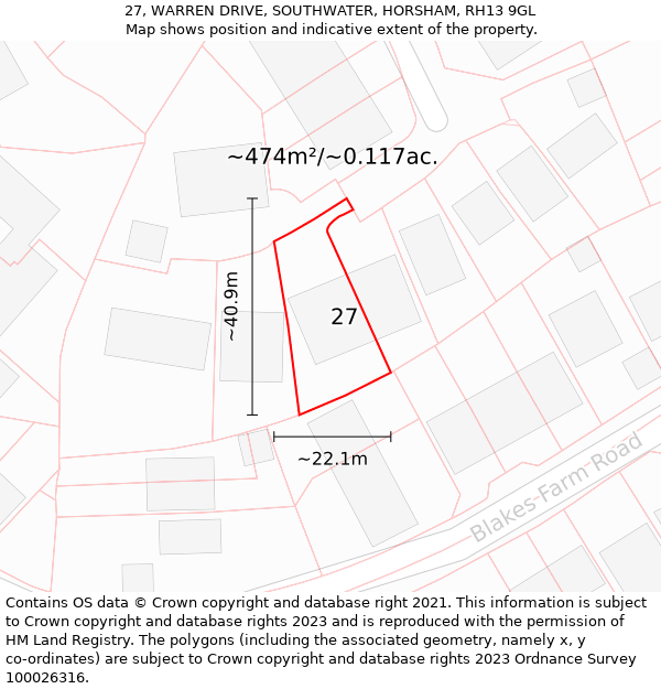 27, WARREN DRIVE, SOUTHWATER, HORSHAM, RH13 9GL: Plot and title map