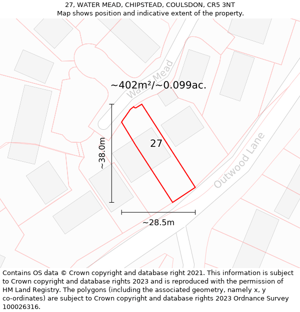 27, WATER MEAD, CHIPSTEAD, COULSDON, CR5 3NT: Plot and title map