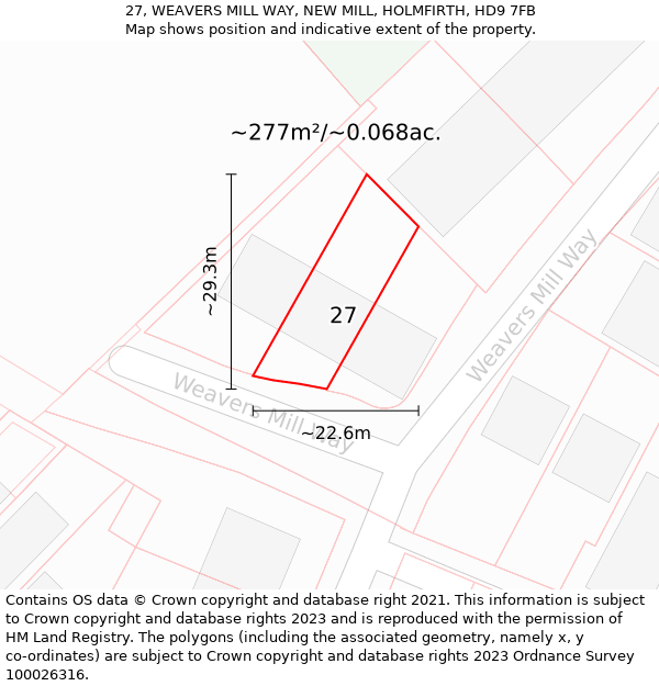 27, WEAVERS MILL WAY, NEW MILL, HOLMFIRTH, HD9 7FB: Plot and title map