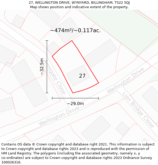 27, WELLINGTON DRIVE, WYNYARD, BILLINGHAM, TS22 5QJ: Plot and title map