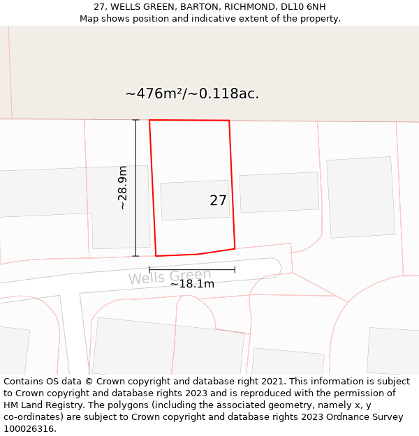 27, WELLS GREEN, BARTON, RICHMOND, DL10 6NH: Plot and title map