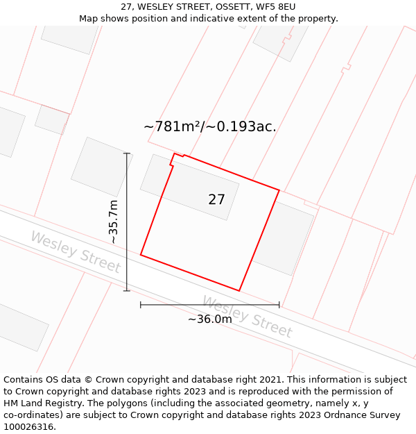 27, WESLEY STREET, OSSETT, WF5 8EU: Plot and title map