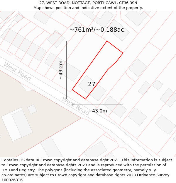 27, WEST ROAD, NOTTAGE, PORTHCAWL, CF36 3SN: Plot and title map