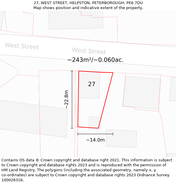 27, WEST STREET, HELPSTON, PETERBOROUGH, PE6 7DU: Plot and title map