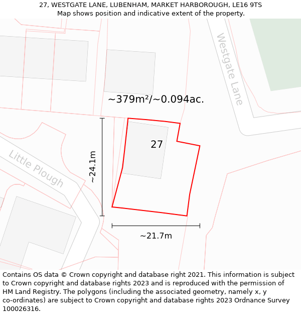 27, WESTGATE LANE, LUBENHAM, MARKET HARBOROUGH, LE16 9TS: Plot and title map