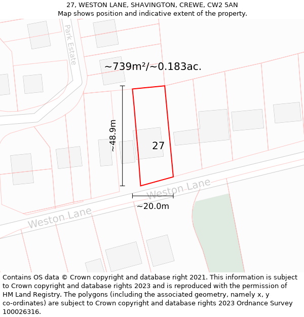 27, WESTON LANE, SHAVINGTON, CREWE, CW2 5AN: Plot and title map