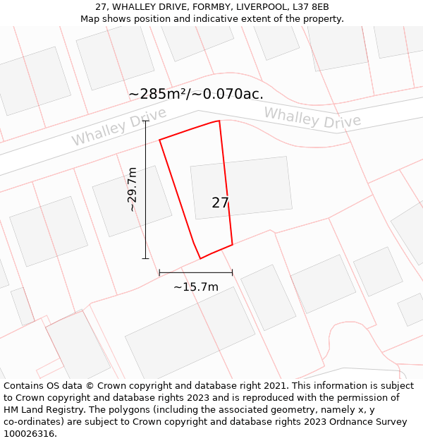 27, WHALLEY DRIVE, FORMBY, LIVERPOOL, L37 8EB: Plot and title map