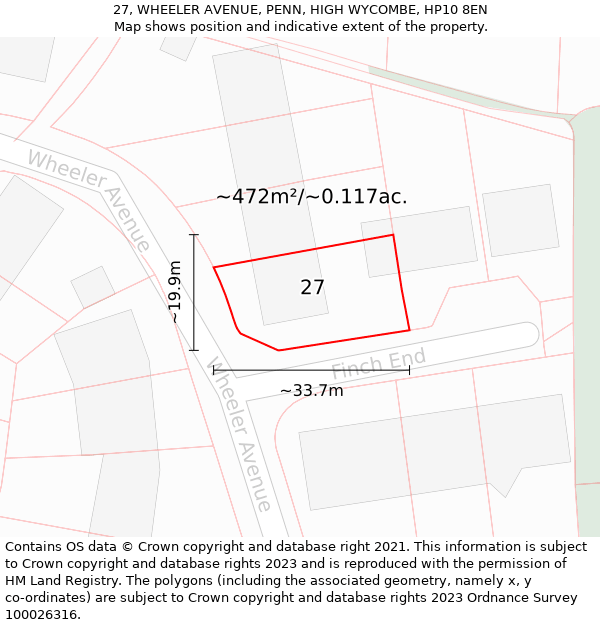 27, WHEELER AVENUE, PENN, HIGH WYCOMBE, HP10 8EN: Plot and title map