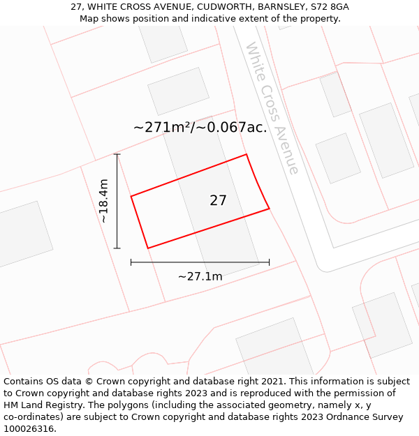 27, WHITE CROSS AVENUE, CUDWORTH, BARNSLEY, S72 8GA: Plot and title map