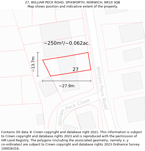 27, WILLIAM PECK ROAD, SPIXWORTH, NORWICH, NR10 3QB: Plot and title map