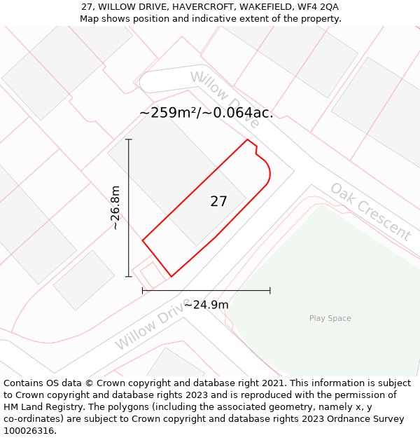 27, WILLOW DRIVE, HAVERCROFT, WAKEFIELD, WF4 2QA: Plot and title map