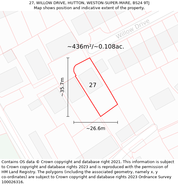 27, WILLOW DRIVE, HUTTON, WESTON-SUPER-MARE, BS24 9TJ: Plot and title map