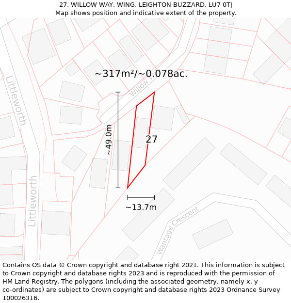 27, WILLOW WAY, WING, LEIGHTON BUZZARD, LU7 0TJ: Plot and title map