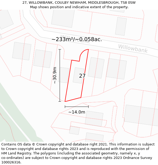 27, WILLOWBANK, COULBY NEWHAM, MIDDLESBROUGH, TS8 0SW: Plot and title map