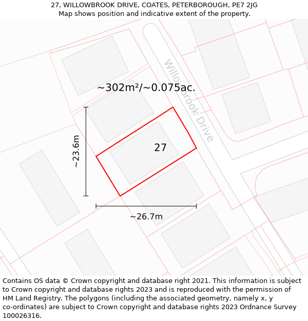 27, WILLOWBROOK DRIVE, COATES, PETERBOROUGH, PE7 2JG: Plot and title map