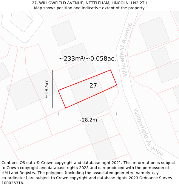 27, WILLOWFIELD AVENUE, NETTLEHAM, LINCOLN, LN2 2TH: Plot and title map