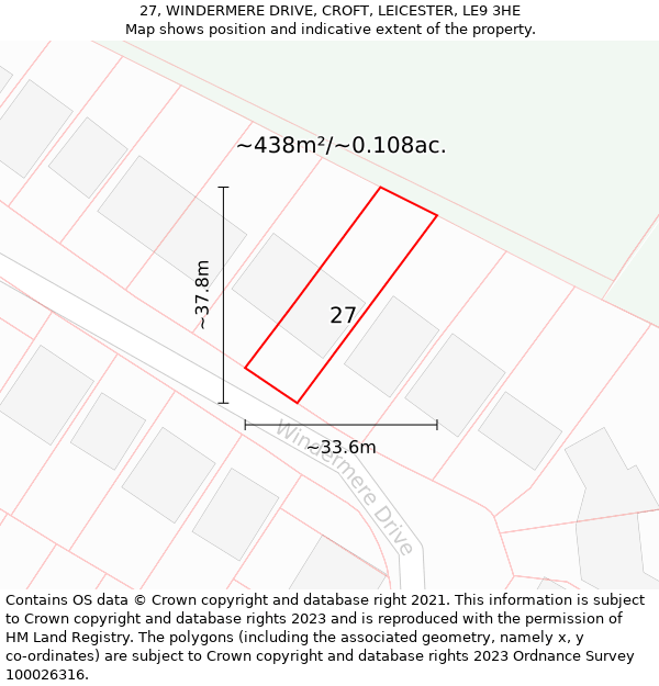 27, WINDERMERE DRIVE, CROFT, LEICESTER, LE9 3HE: Plot and title map