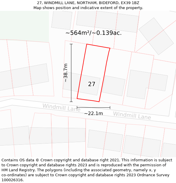 27, WINDMILL LANE, NORTHAM, BIDEFORD, EX39 1BZ: Plot and title map