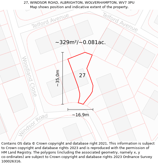 27, WINDSOR ROAD, ALBRIGHTON, WOLVERHAMPTON, WV7 3PU: Plot and title map