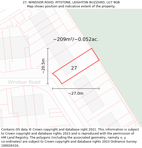 27, WINDSOR ROAD, PITSTONE, LEIGHTON BUZZARD, LU7 9GB: Plot and title map