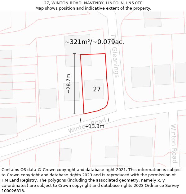 27, WINTON ROAD, NAVENBY, LINCOLN, LN5 0TF: Plot and title map