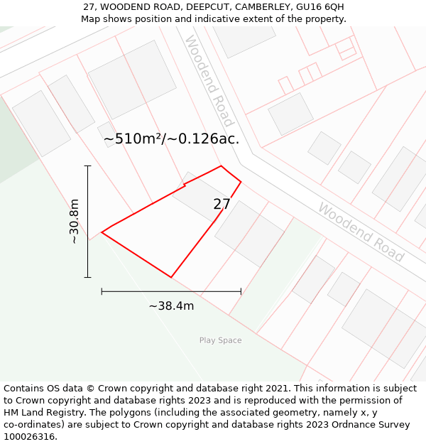 27, WOODEND ROAD, DEEPCUT, CAMBERLEY, GU16 6QH: Plot and title map