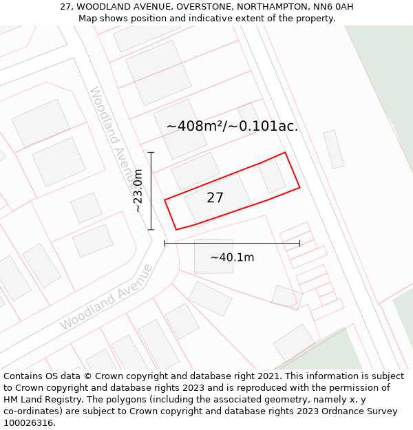 27, WOODLAND AVENUE, OVERSTONE, NORTHAMPTON, NN6 0AH: Plot and title map