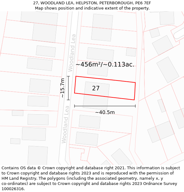 27, WOODLAND LEA, HELPSTON, PETERBOROUGH, PE6 7EF: Plot and title map