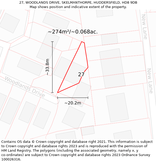 27, WOODLANDS DRIVE, SKELMANTHORPE, HUDDERSFIELD, HD8 9DB: Plot and title map