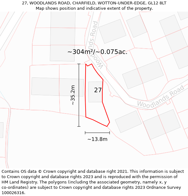 27, WOODLANDS ROAD, CHARFIELD, WOTTON-UNDER-EDGE, GL12 8LT: Plot and title map