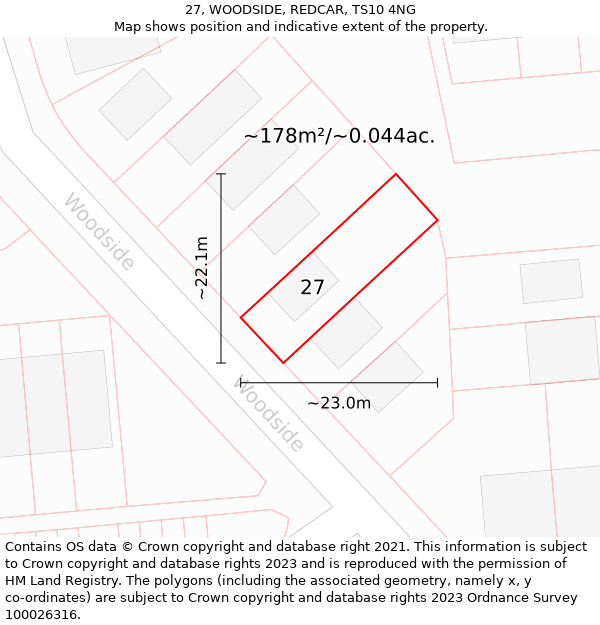 27, WOODSIDE, REDCAR, TS10 4NG: Plot and title map