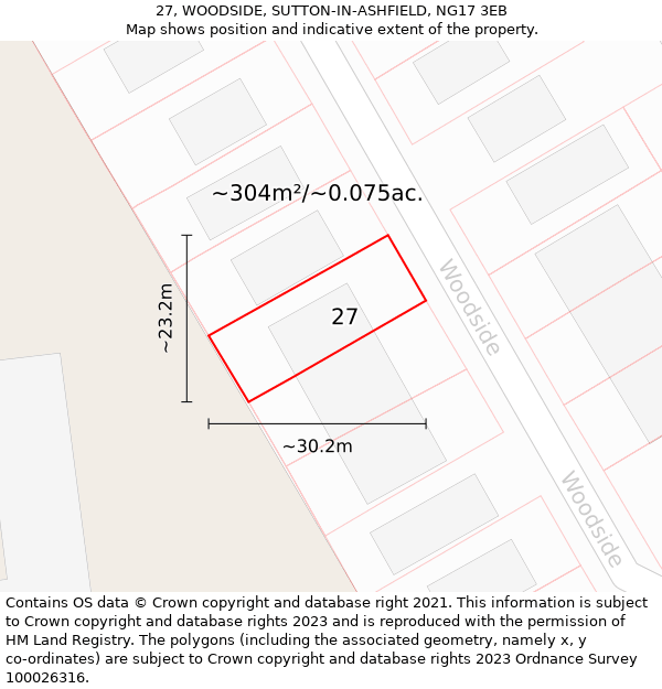 27, WOODSIDE, SUTTON-IN-ASHFIELD, NG17 3EB: Plot and title map