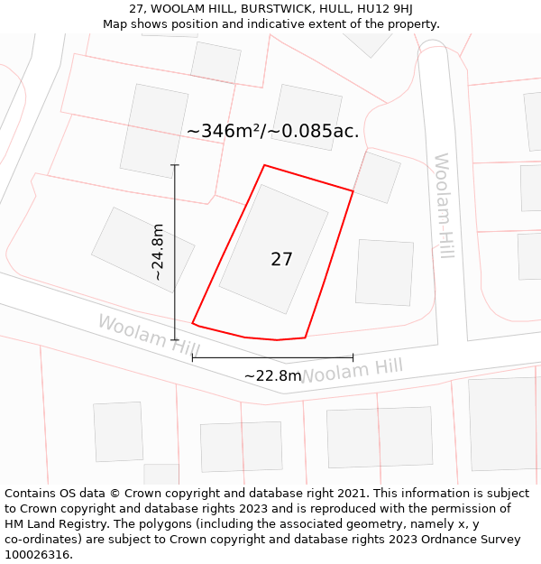 27, WOOLAM HILL, BURSTWICK, HULL, HU12 9HJ: Plot and title map