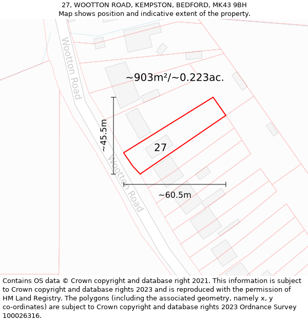 27, WOOTTON ROAD, KEMPSTON, BEDFORD, MK43 9BH: Plot and title map