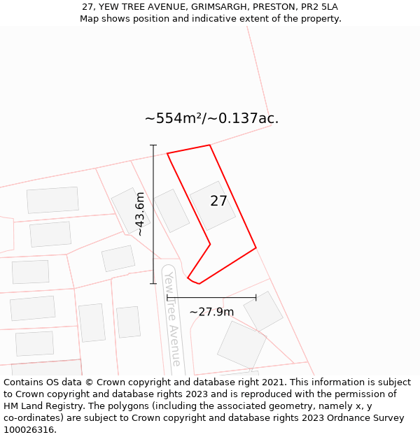 27, YEW TREE AVENUE, GRIMSARGH, PRESTON, PR2 5LA: Plot and title map