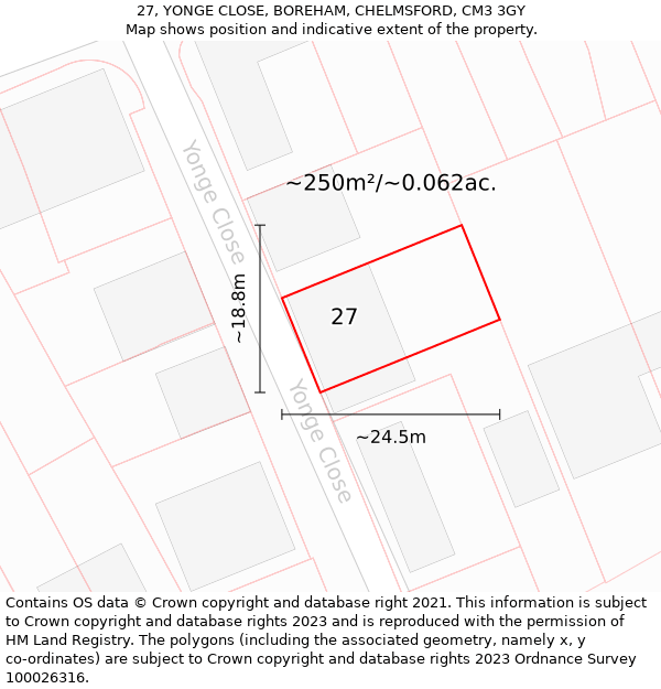 27, YONGE CLOSE, BOREHAM, CHELMSFORD, CM3 3GY: Plot and title map