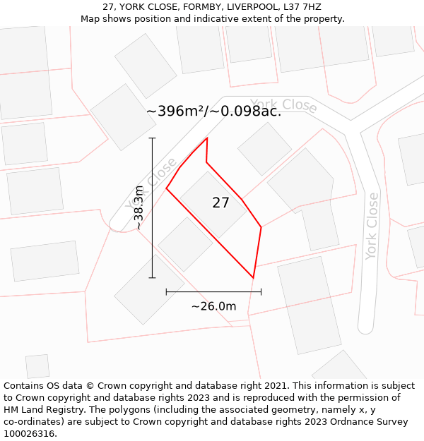 27, YORK CLOSE, FORMBY, LIVERPOOL, L37 7HZ: Plot and title map