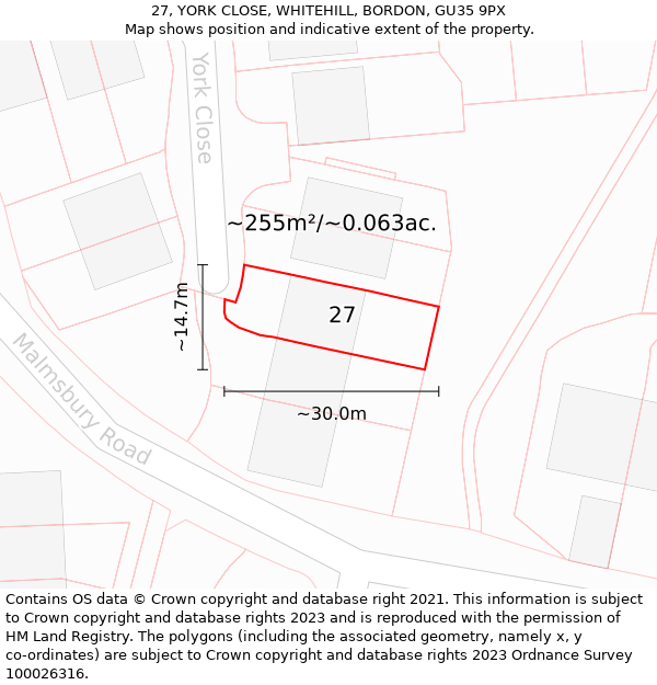 27, YORK CLOSE, WHITEHILL, BORDON, GU35 9PX: Plot and title map