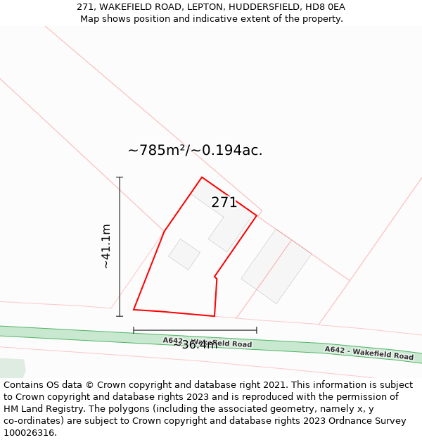 271, WAKEFIELD ROAD, LEPTON, HUDDERSFIELD, HD8 0EA: Plot and title map