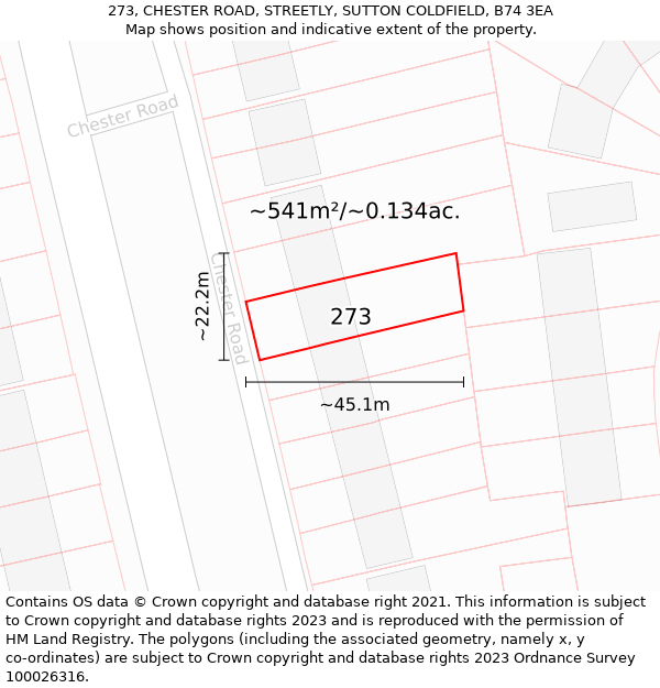 273, CHESTER ROAD, STREETLY, SUTTON COLDFIELD, B74 3EA: Plot and title map